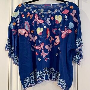 Johnny Was Bellona Blouse Gorgeous Blue with Colorful Butterflies